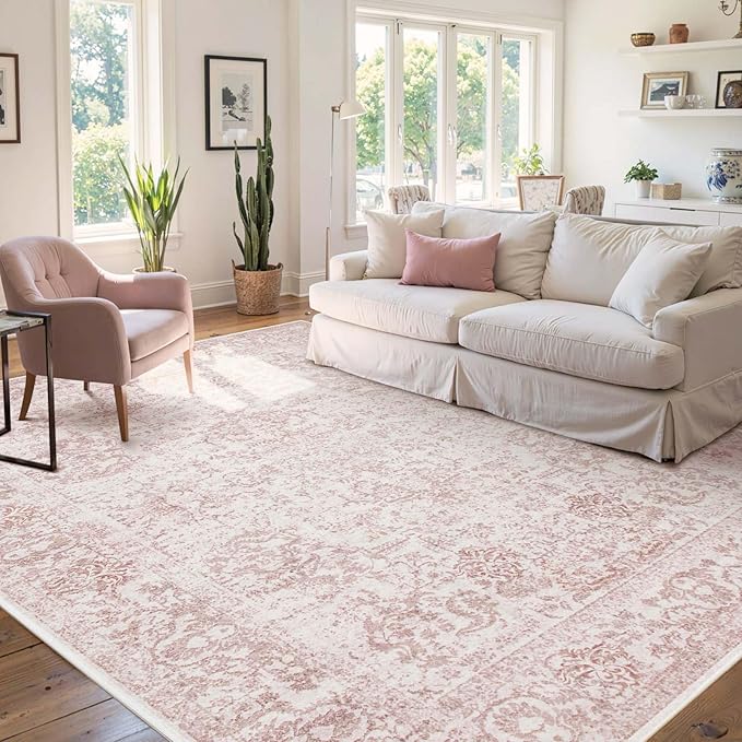 Rugxara 6x9 Washable Area Rug for Living Room & Bedroom, Large Light Pink Rugs for Women, Non Slip, Durable Low Pile Carpet, Vintage Carpets for Office, Dining Room, Kids Room and Farmhouse