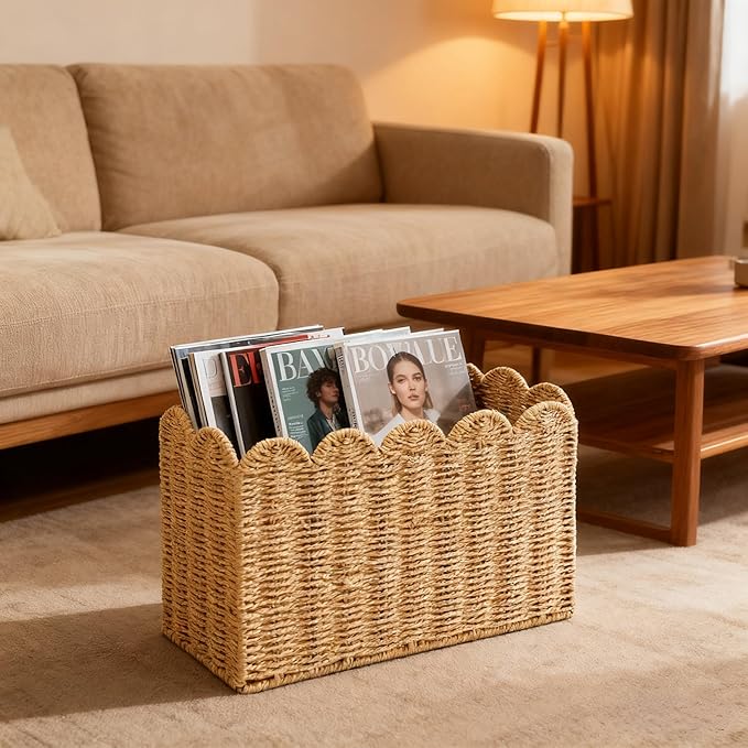 Paper Rope Magazine Holder for Floor, Wicker Magazine Basket, Tall Narrow Book Basket & File Holder for Books, Mail, Newspapers & Papers, Scalloped Storage Basket for Living Room, Office, Bedroom