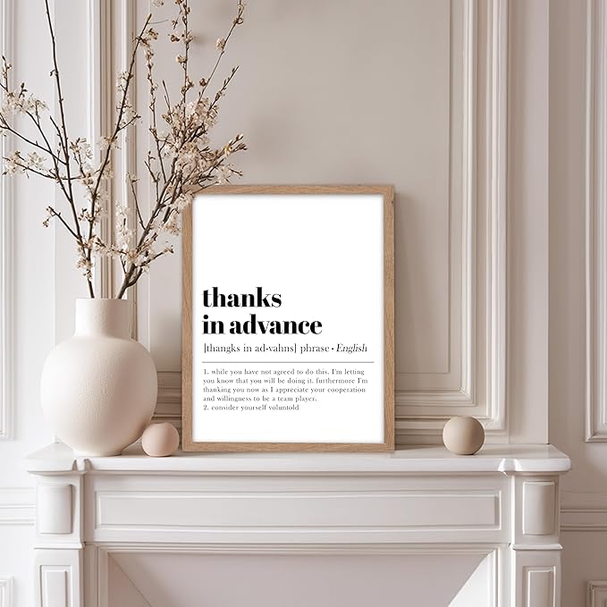Poster Master Typography Poster - Retro Dictionary Print - Thanks in Advance Definition, Book Page, Funny - Gift for Colleague, Friend - Wall Decor for Home, Office, 8x10 Beige Framed