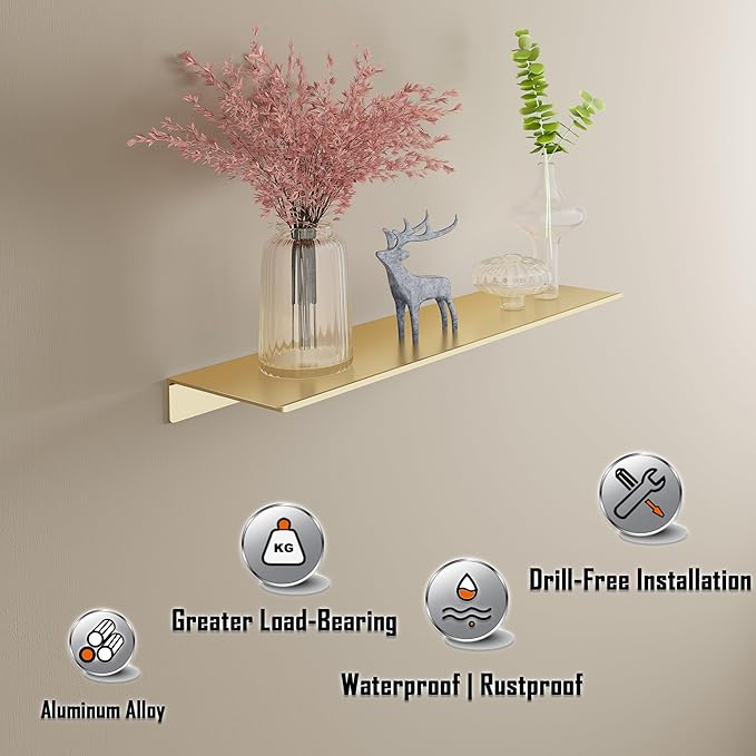 HNVNER Metal Floating Shelves, Set of 2, Brushed Gold Wall Shelves Picture Ledge, Shower Caddy Wall Mounted, Decorative Display Shelf for Bedroom, Living Room, Bathroom, Office