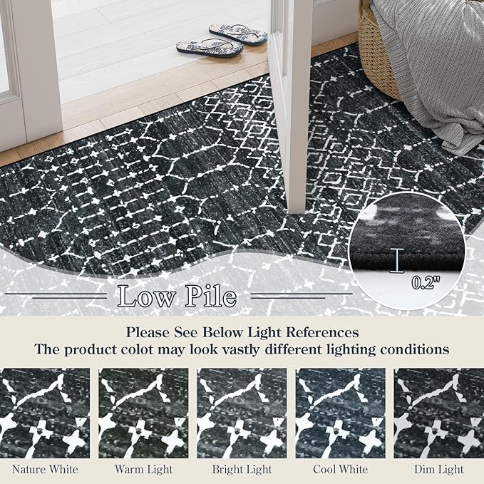 Lahome Moroccan Black Area Rugs 8x10 Living Room Non-Slip Backing Ultra-Thin Large Rug Throw Stain Resistant Dining Room Rugs for Under Table, Geometric Print Modren Soft Rug for Bedroom Office Hana