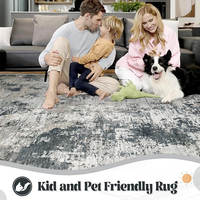 XLUEZ 9x12 Area Rug for Living Room, Washable Modern Abstract Large Area Rug Neutral Soft Non Slip Kids Rug Stain Resistant Indoor Carpet for Bedroom Dining Room Playroom Office(GreyWhite, 9'x12')