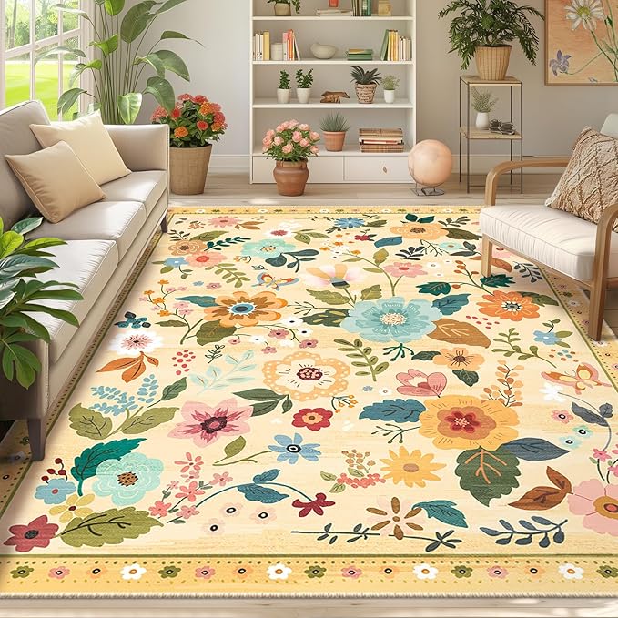 RELEANY Floral Nursery 8x10 Area Rugs Washable Print Boho Cute Carpet Non Slip Flower Low Pile for Living Room Kids Girls Playroom Bedroom Kitchen Office Farmhouse-Ivory/Yellow