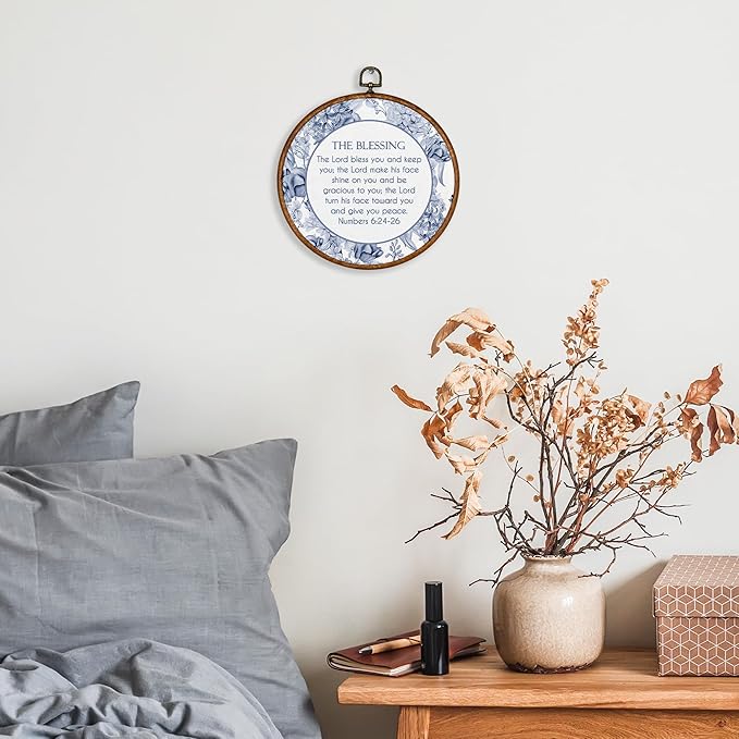 KSDUT Christian Flower Wall Decor Art - Blue Trendy Retro Wall Art Canvas Frame Hanging Prints, Bible Verse Preppy Round Wall Art Decor for Grandmillennial Home Bedroom Decorations 10"x10"