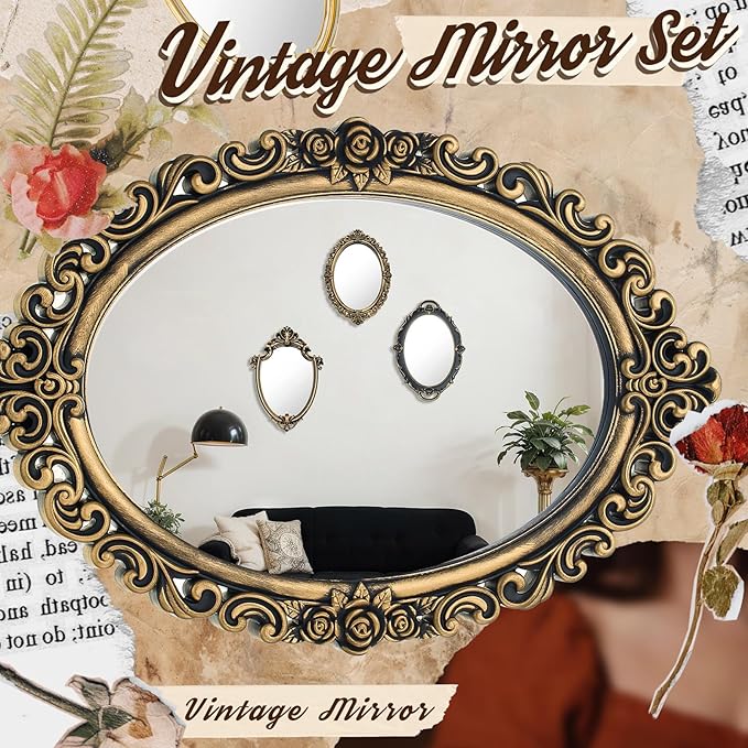 Beeveer 3 Style Vintage Mirrors Set Decorative Oval Wall Mirror Small Antique Mirrored Tray Decorative Hanging Mirror for Bathroom Bedroom Jewelry Organizer Victorian Decor (Shield,Antique Gold)