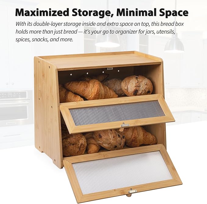 Bamboo Bread Box 2 Tiered for Kitchen Counter-Large Capacity Wood Bread Basket Storage Container Bread Box with Window Bread Holder with Shelf Vitamin Bottle Storage