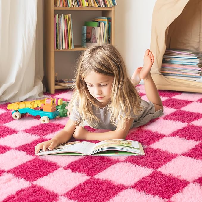 Checkered 8x10 Area Rugs for Living Room, Ultra Soft Fluffy Large Shaggy Rug Carpet for Bedroom, Non-Slip Fuzzy Plush Rugs for Nursery Boys Girls Kids Room Modern Indoor Home Decor, Pink and Hot Pink