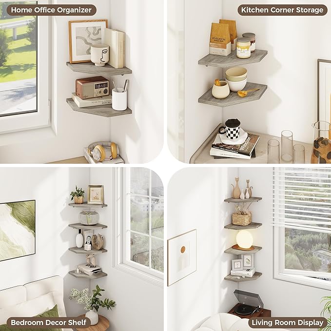 Corner Shelves 2-Pack for Bathroom & Kitchen, Space-Saving Floating Corner Wall Shelf with Easy Installation- Grey