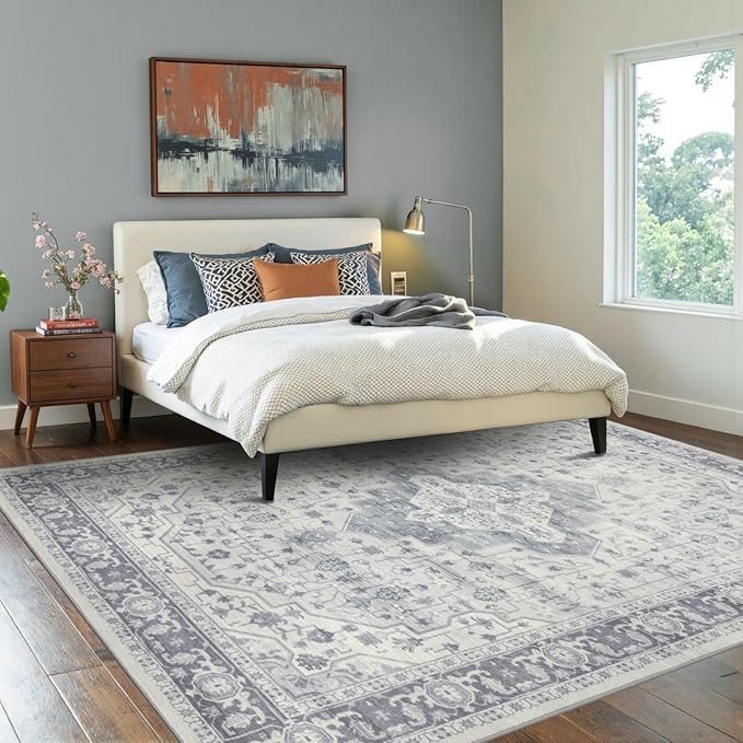 Rugxara 5X7 Washable Area Rug for Living Room, Vintage Large Boho Rugs for Office, Dining Room, Kids Room, Farmhouse, Durable Low Pile Non Slip Carpet for High Traffic Areas, Blue Quartz