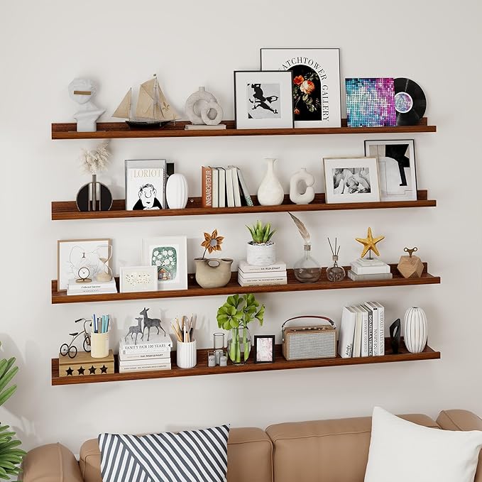 Axeman Picture Ledge Shelf | 55 Inch Walnut Floating Shelves Set of 4 | Rustic Wood Wall Shelves with Lip | 55" Walnut Picture Shelves for Wall with Ledge | Photo Shelves