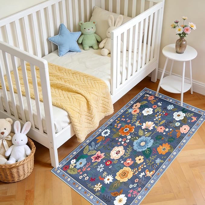 RELEANY Floral Nursery 2x4 Area Rugs Washable Print Boho Cute Carpet Non Slip Flower Low Pile for Living Room Kids Girls Playroom Bedroom Kitchen Office Farmhouse-Blue/Grey