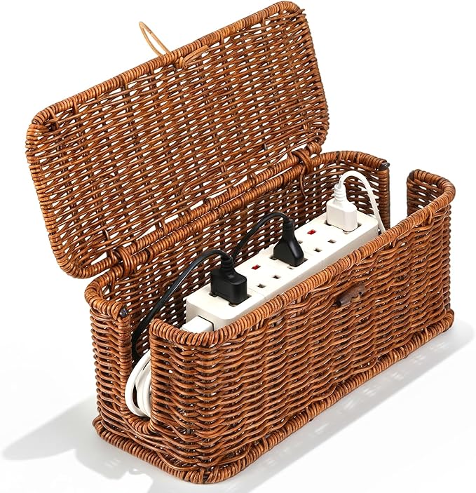 Cable Management Box Handmade Rattan Cable Organizer Stylish Hider Box with 2 Open Slots Desk Decorative Storage for Home Office Power Strips Cord Hider