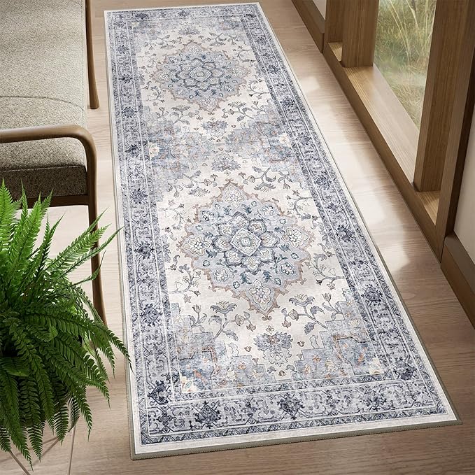 CAPALOCA Machine Washable Rugs Nursery Rug 2x6 Cute Girl Non Slip Low Pile Water Repellent Soft Print Pattern for Bedroom Indoor Decor Kids Playroom Blue White