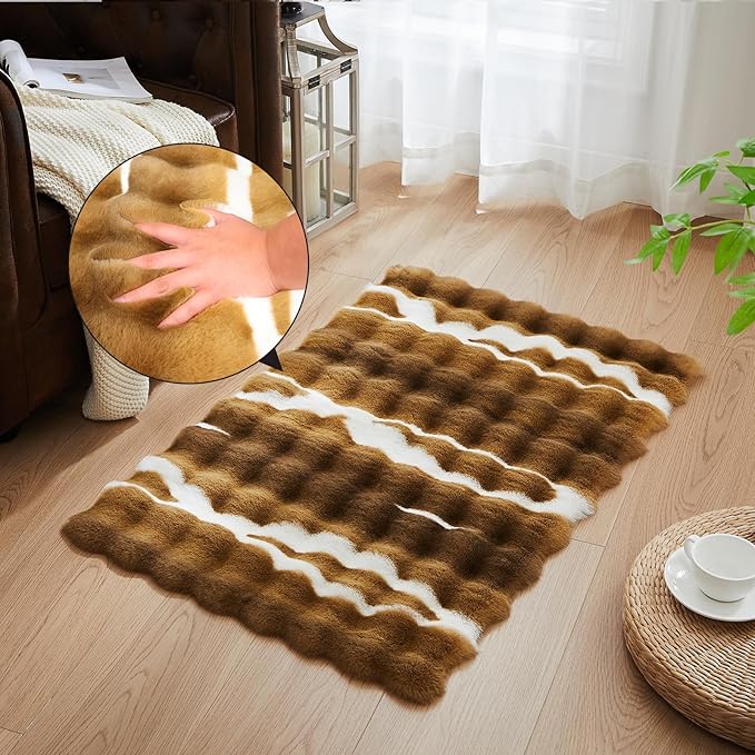 2X 3-Foot Synthetic Rabbit Fur Rug, Multicolor Bubble-Patterned Velvet Design. Soft, Plush, Slip-Resistant, and Machine Washable. Home Decor, Suitable for Living Rooms and bedrooms