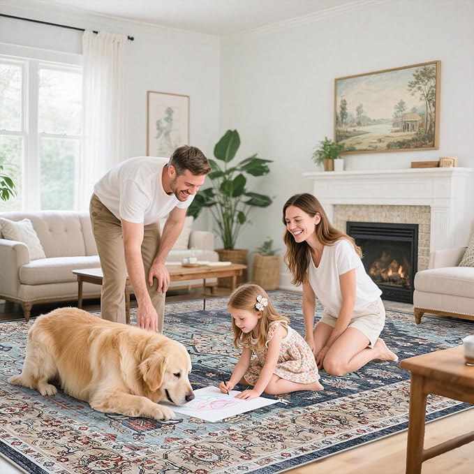 Dining Room Rugs for Under Table - Washable 6x8 Area Rug for Living Room Bedroom Soft Low Pile Non Slip Stain Resistant Carpet - Perfect for Homes with Pets & Kids (Blue/Teal/Orange, 6x8)