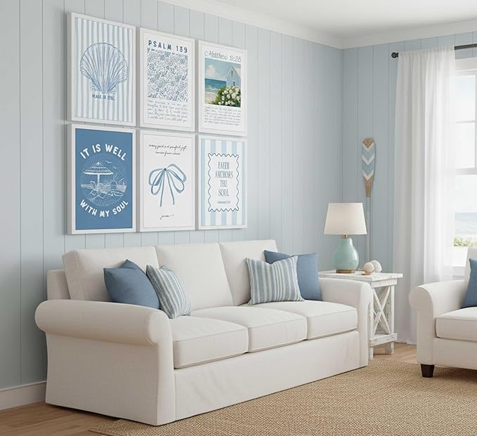 KXIAHTTEN 6pcs Blue Coastal Christian Canvas Wall Art Bible Verses Paintings Pictures Wall Decor Preppy Religion Aesthetics Poster Printing Artwork for Teen Girl Room Dorm Apartment Unframed