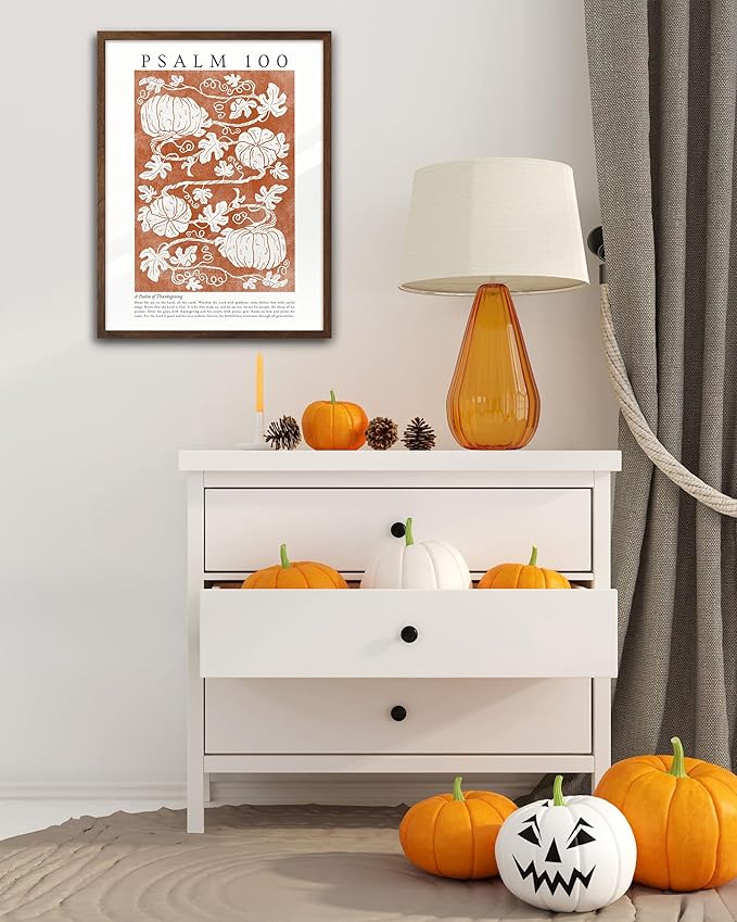 EcoHest Fall Botanical Pumpkins Framed Wall Art, 12x16 in Walnut Color OAK Wood Christian Psalm 100 Canvas Wall Art, Beige Logs A Psalm of Thanksgiving Home Decor Set of 1 for Bedroom Living Room