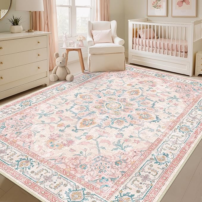 CAPALOCA Machine Washable Rugs Nursery Rug 7x9 Cute Girl Non Slip Low Pile Water Repellent Soft Print Pattern for Bedroom Indoor Decor Kids Playroom Pink Teal