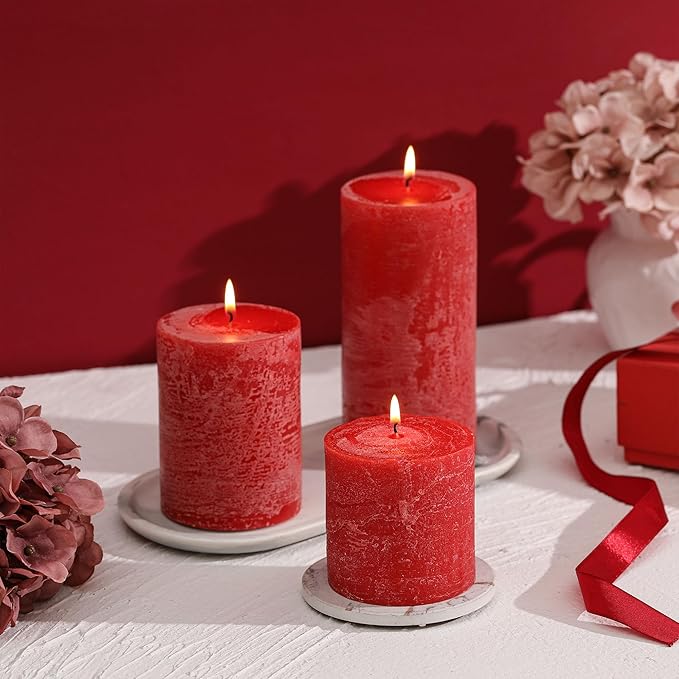 3x3 Inch Bright Red Pillar Candles Set of 3 - Hand-Poured Unscented Candles, Long Clean Burning, Large Big Candle, Smokeless Dripless Candle for Dinner Table, Wedding, Home, Rustic Decor