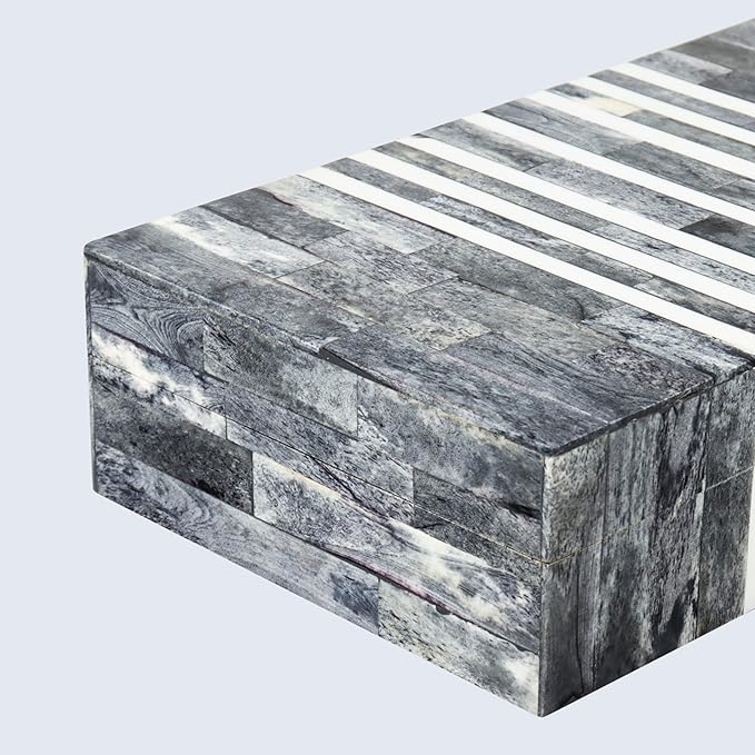 Handicrafts Home Decorative Storage Box with Lid, Patisserie Cafe Stripe Pattern Remote Holder Box, Wide Coffee Table Storage Organizer, Wooden Living Room Kitchen Storage Box, Grey & White, 10x6x2.5