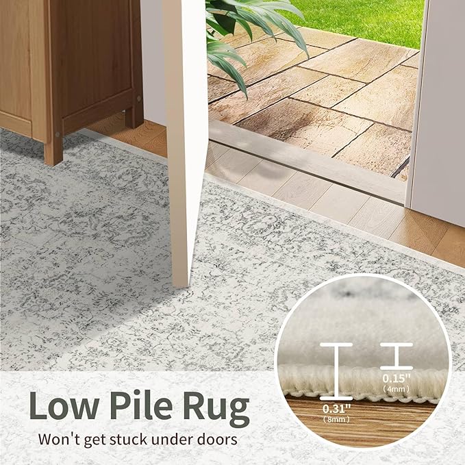 Rugxara 5X7 Washable Area Rug for Living Room, Neutral Vintage Large Boho Rugs for Office, Dining Room, Kids Room, Farmhouse, Durable Low Pile Non Slip Carpet for High Traffic Areas, Light Grey