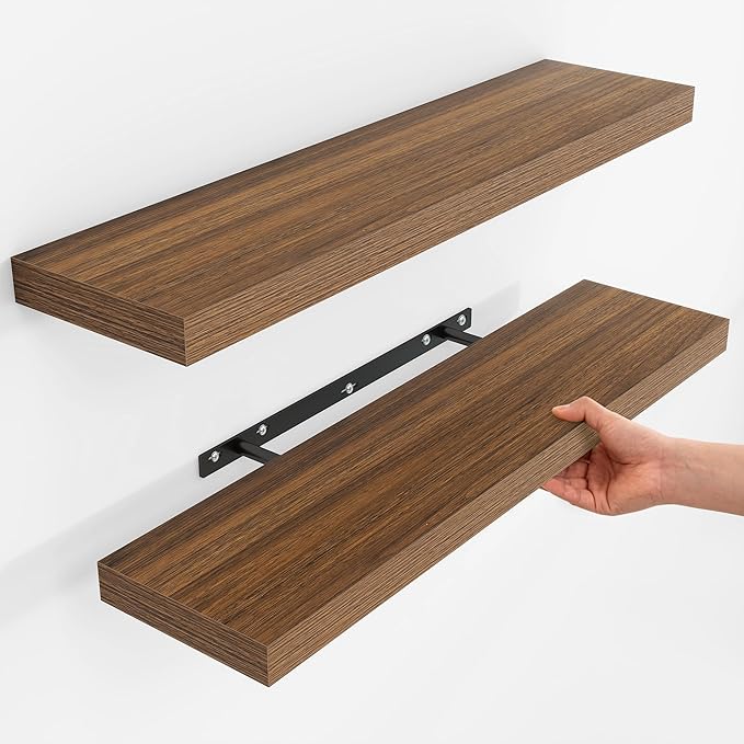 Fun Memories Rustic Wood Floating Shelves for Wall, Space-Saving Wall Mounted Shelves for Bathroom, Bedroom, Living Room and Kitchen, Stylish Storage & Display (Set of 2, Walnut, 32 in)
