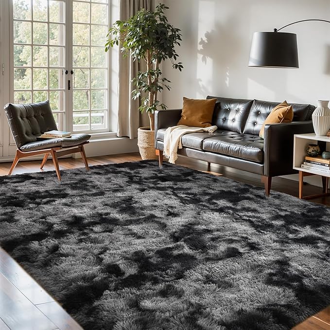 5x7 Ft Large Shag Rug for Living Room Bedroom,Tie-Dyed Ultra Soft Fluffy Furry Area Rug, Aesthetic Carpet for Indoor Floor Home Decor(Dark Grey)