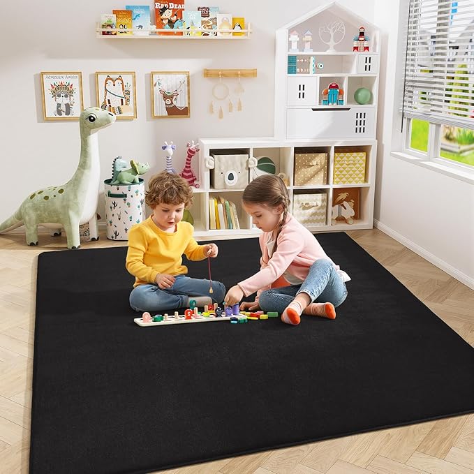 Amearea 5x5 Square Area Rugs for Bedroom Living Room, Modern Black Thickened Memory Foam Rug, Fluffy Indoor Washable Rugs Non Slip Minimalist Carpet for Kids Boys Girls Dorm Nursery Room Decor