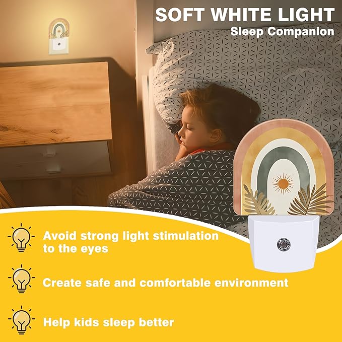 Sun and Leaves Night Light, Boho Rainbow Night Lights Plug into Wall Dusk to Dawn Sensor Round Nightlight for Women Men Energy Efficient Led Lamp 0.5W for Stairway Hallway Bedroom