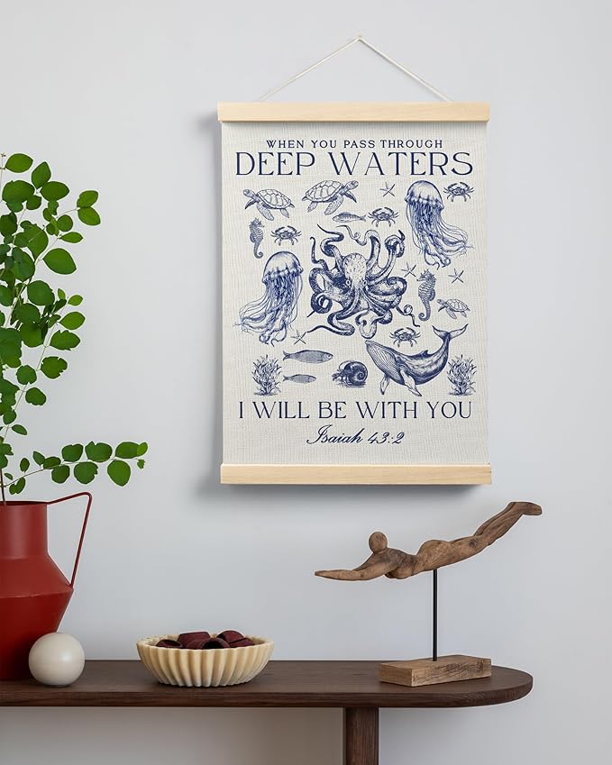 FGFK Vintage Navy Blue Christian Ocean Wall Art Poster Hanger Frame, Coastal Beach Isaiah 43:2 Bible Verse Religious Canvas Prints Framed Wall Decor for Home Office, 12x16 Inch