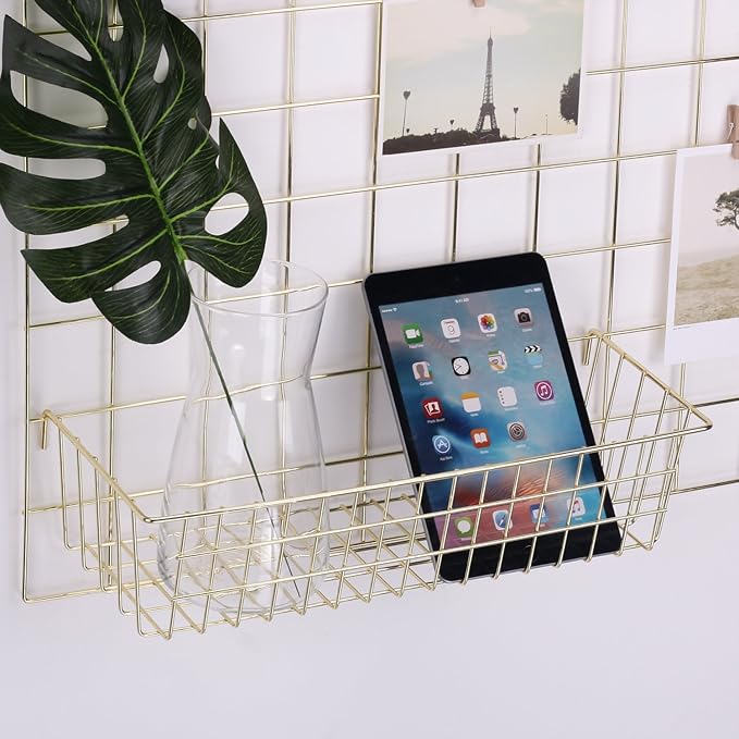 Hanging Grid Basket for Wire Wall Panel, Multifunction Wall Storage Display Decorative Basket, Size 15.5"x5.3"x3.9", Gold