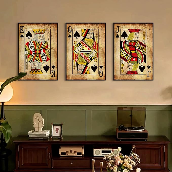 Playing Card Wall Art Poster Vintage Poker Canvas Wall Decor Retro Game Room Art Picture Joker King Queen Poster Trendy Retro Prints Vintage Poker Painting Artwork for Bedroom 12x16 Inch Unframed 3Pcs