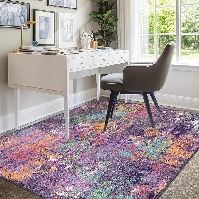 RELEANY Washable Area Rugs 7'x9' Non-Slip Modern Abstract Soft for Living Room Entryway Bedroom Nursery, Print Pattern, Purple Orange Blue Green Rust Red Colorful