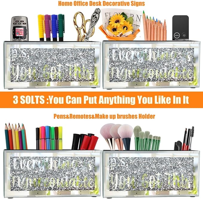 Silver Mirror Crystal Diamond Home Office Desk Box Sign Decor, Desktop Pen Organizer with 3 Compartment, Multi-Use Storage Box for Pencil, Remote, Makeup Brush-9.1×4.3×3.1Inches