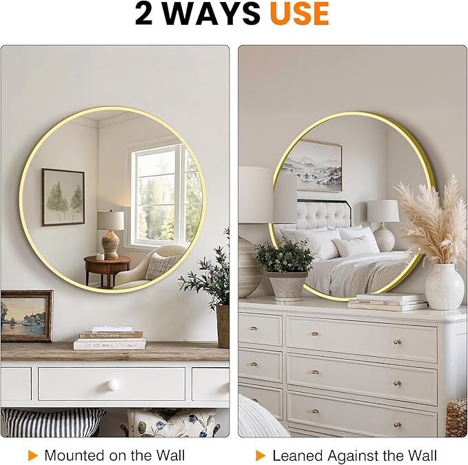 Round Bathroom Mirror for Wall, 22 inch Circle Bathroom Mirrors for Over Sink, Modern Circular Metal Frame for Vanity, Entryway, Bedroom, Living Room(Gold)