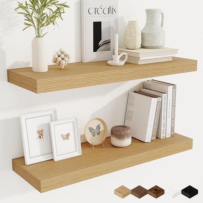 Fun Memories 9.3Inch Deep Floating Shelves for Wall, 30 Inch Rustic Wood Wall Mounted Shelves for Bathroom, Bedroom, Kitchen, Deep Floating Shelf for Storage & Home Decor (Oak, Set of 2)