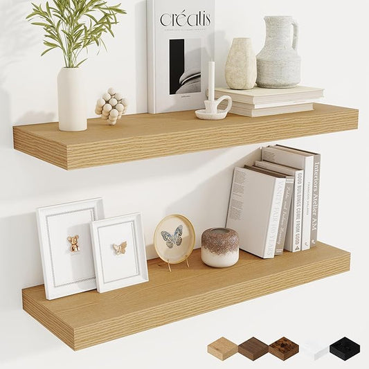 Fun Memories 9.3Inch Deep Floating Shelves for Wall, 30 Inch Rustic Wood Wall Mounted Shelves for Bathroom, Bedroom, Kitchen, Deep Floating Shelf for Storage & Home Decor (Oak, Set of 2)