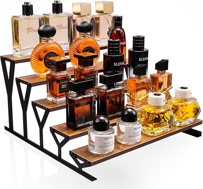 KALYLOC 5 Tier Wooden Display Riser Stand 13.8 Inch Metal Step Perfume Stand Organizer Tabletop Tiered Display Shelf Rack for Cologne Cupcake Spice Figures Cosmetics Candles (Brown, Y-Shape)