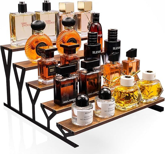 KALYLOC 5 Tier Wooden Display Riser Stand 13.8 Inch Metal Step Perfume Stand Organizer Tabletop Tiered Display Shelf Rack for Cologne Cupcake Spice Figures Cosmetics Candles (Brown, Y-Shape)