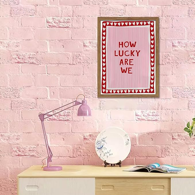 Framed How Lucky Are We Wall Art, Vintage Pink Inspirational Canvas Wall Decor Painting, Trendy Preppy Stripe Romantic Quotes Posters Prints Pictures for Bedroom Dorm Valentine Gift 12x16 Inch