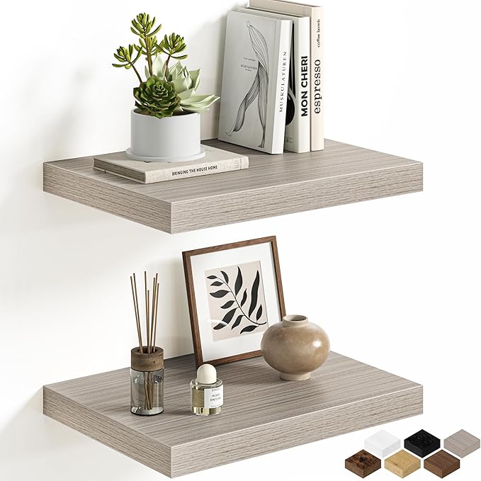 Floating Shelves for Wall, 16'' W x 12'' D Wall Mounted Rustic Wood Shelves for Bathroom, Bedroom, Living Room, Kitchen, Hanging Shelf for Storage/Room Decor with Heavy Duty Brackets, Gray, 2 Pack