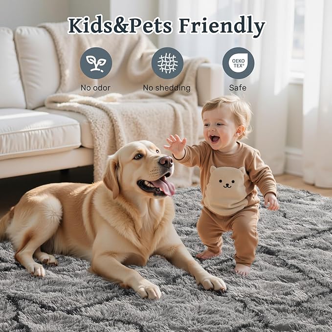 Triangle 4x6 ft Fuzzy Rug for Living Room,Black Bedroom Area Rugs Non-Slip,Carpet for Nursery Kids PlayRoom Indoor Modern Plush Carpets