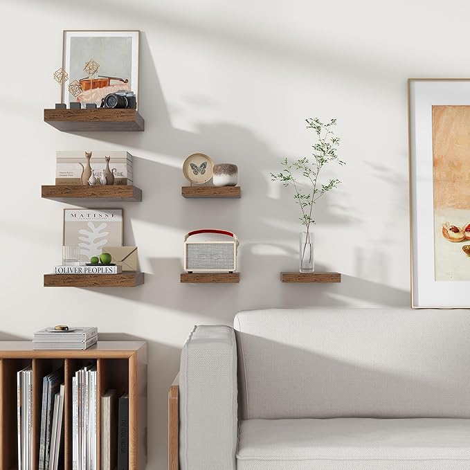 Square Floating Shelves for Wall 12"W x 12"D x 1.4"H, Small Engineered Wood Wall Shelves with Invisible Brackets for Living Room Bedroom Bathroom Office Kitchen Storage Decor, Rustic Brown, Set of 3
