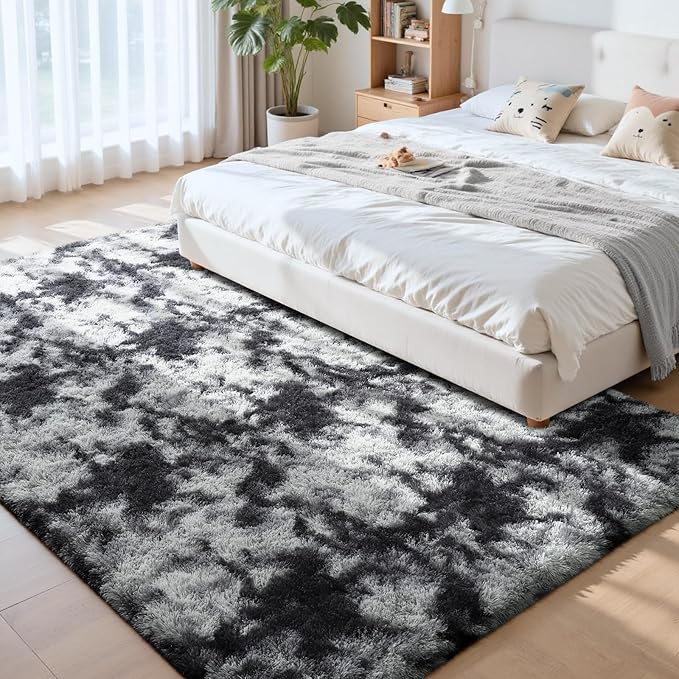 Modern Soft Fluffy Small Shaggy Rug for Bedroom Livingroom Dorm Kids Room Indoor Home Decorative, Non-Slip Plush Furry Fur Area Rugs Comfy Nursery Accent Floor Carpet 5X7 Feet, Tie-Dyed Deep Grey