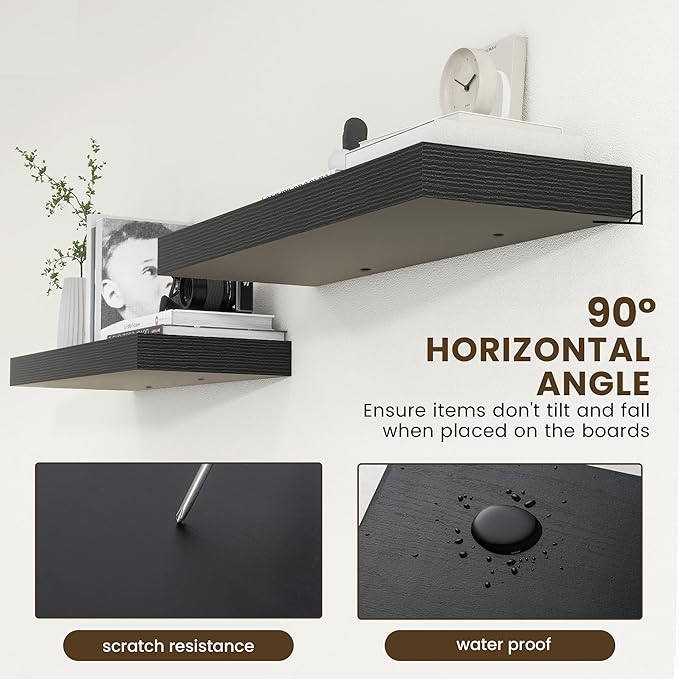 FLYJOE Deep Floating Shelves | 36 Inch Black Floating Shelves Set of 2 | 12 Inch Deep Rustic Wood Shelves for Wall | 36" W x 12" D Black Shelves for Living Room Bathroom Laundry Room Kitchen