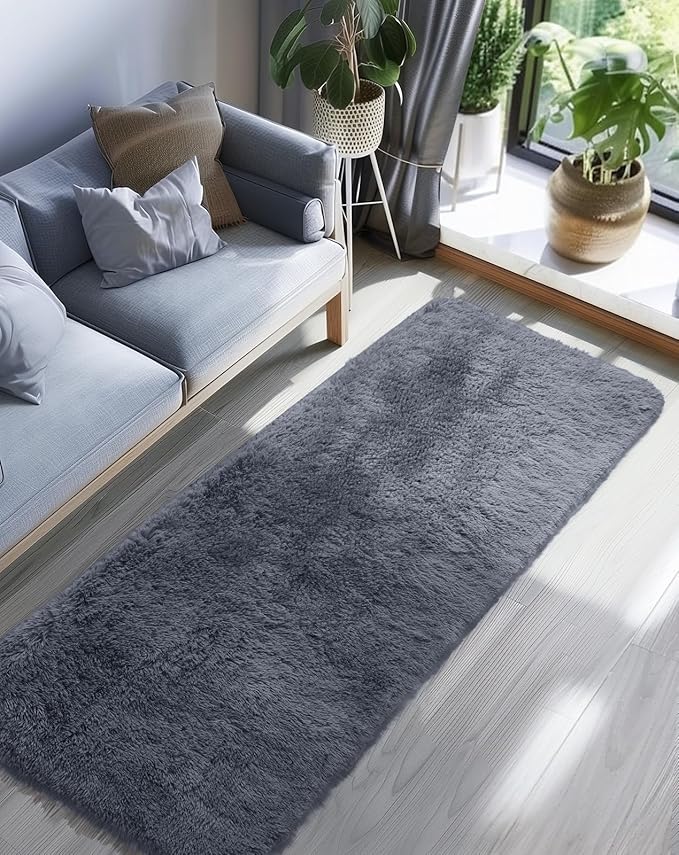 Ophanie 2x6 Runner Rug for Hallway, Upgrade Non-Slip Fluffy Soft Bedside Rugs, Bedroom Living Room Grey Shaggy Gray Carpet for Kids Girls Boys Dorm Nursery Home Decor Aesthetic