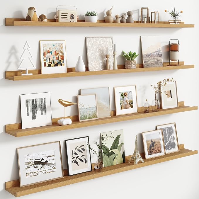 FLYJOE Floating Picture Ledge Shelves for Wall Set of 4, 56 Inch Wall Shelves with Lip Long Large Nursery Book Shelf for Toys Storage Kids Bookshelf Wall Mounted Living Room Bedroom Decor Frames