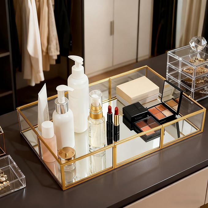 Gold Mirror Tray - Metal Decorative Perfume Organizer - Makeup Vanity Tray for Dresser，Jewelry,Bathroom, Bedroom