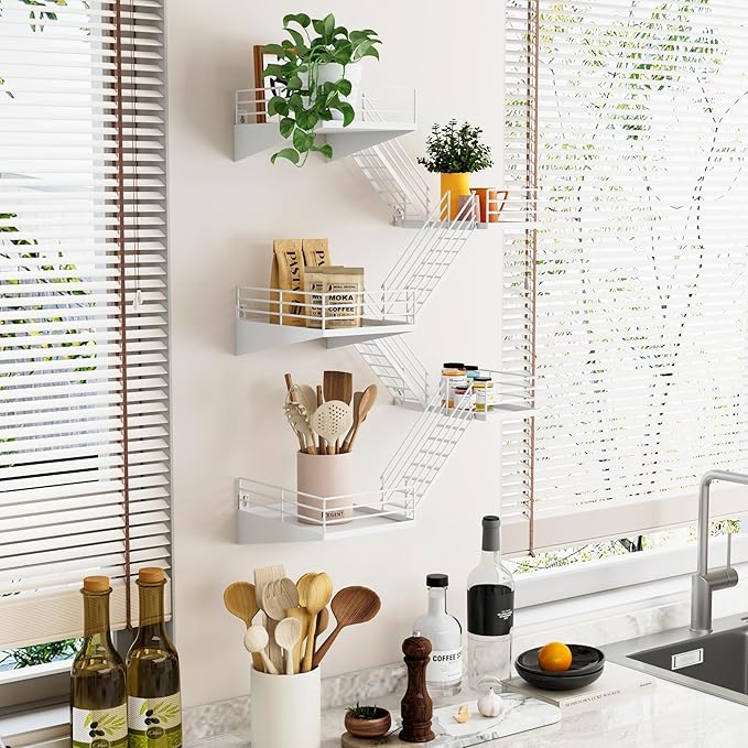 Fire Escape Shelf - 5 Tier Large White Metal Fire Escape Wall Shelves with Baskets, New York Action Figurine Display Shelf, Unique Rustic Floating Decorative Wall Shelves for Home