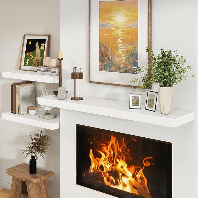 FLYJOE 12 Inch Deep Floating Shelves | 55 Inch White Floating Shelves | 55" W x 12" D Rustic Wood Shelves for Wall | Deep White Shelves for Living Room Bathroom Laundry Room Kitchen